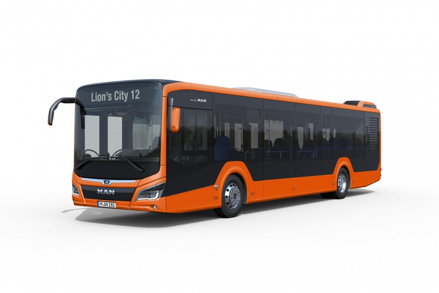 Wizualizacja autobusu MZK, MAN LION 12, w pomarańczowo czarnych barwach. 