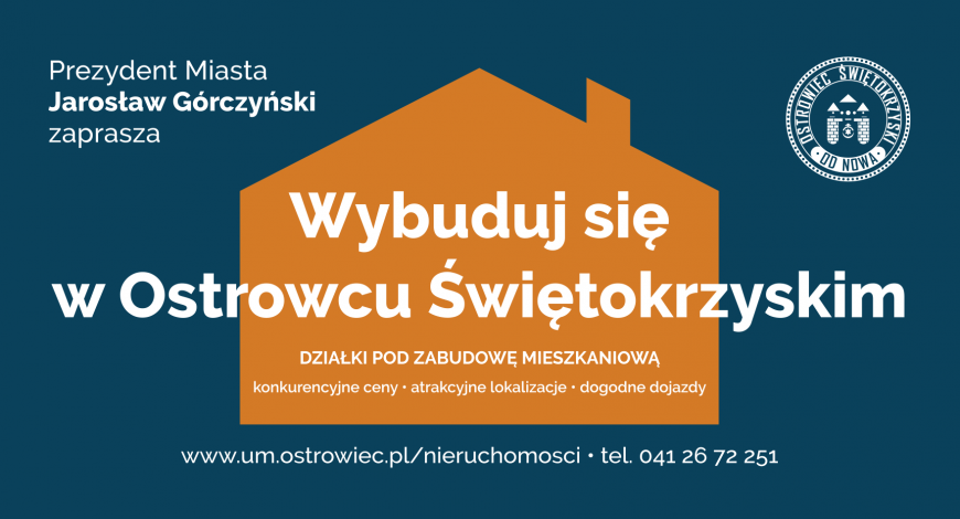 pomarańczowy dom jednorodzinny na granatowych tle, w prawy górnym rogu logo Ostrowiec Świętokrzyski od Nowa