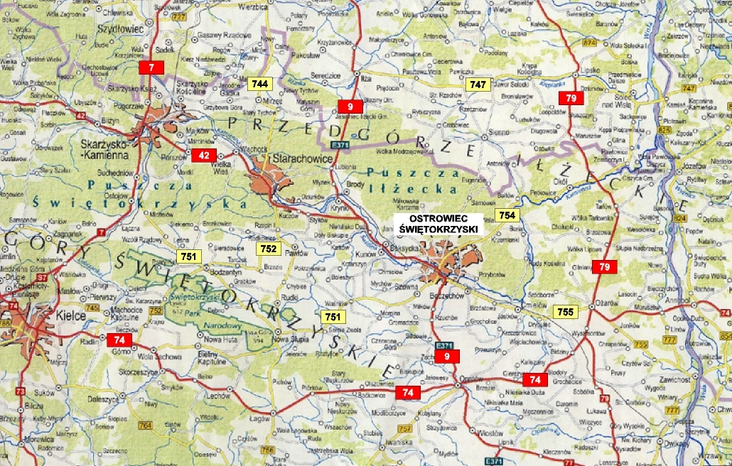 mapa okolic Ostrowca Świętokrzyskiego z przebiegiem dróg