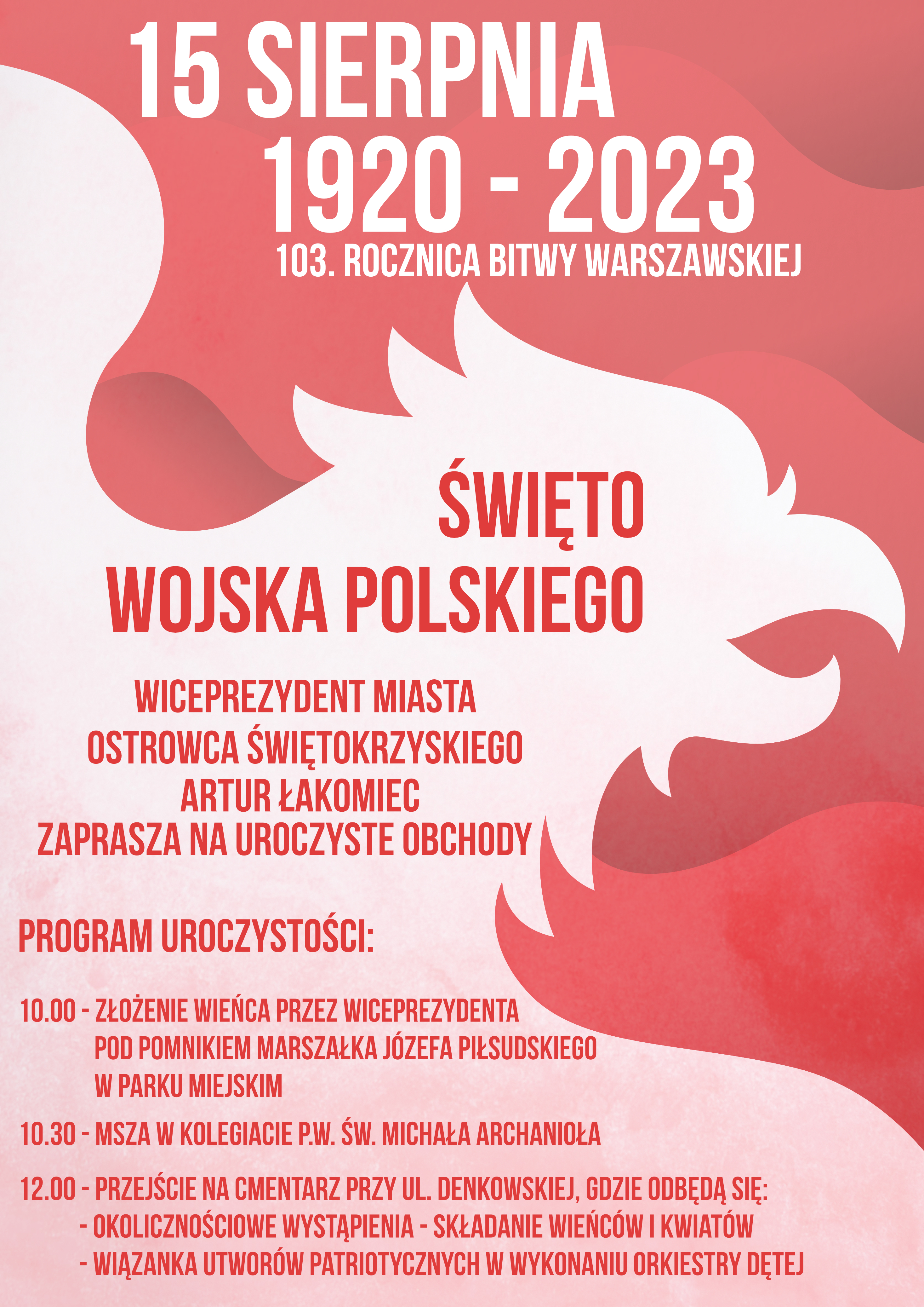 na biało- czerwonym tle orzeł- godło Polski, harmonogram uroczystych obchodów Święta Wojska Polskiego w Ostrowcu Świętokrzyskim