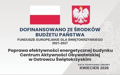 Grafika informacyjna o dofinansowaniu z budżetu państwa projektu „Poprawa efektywności energetycznej budynku Centrum Aktywności Obywatelskiej w Ostrowcu Świętokrzyskim” w ramach Funduszy Europejskich dla Świętokrzyskiego 2021–2027.